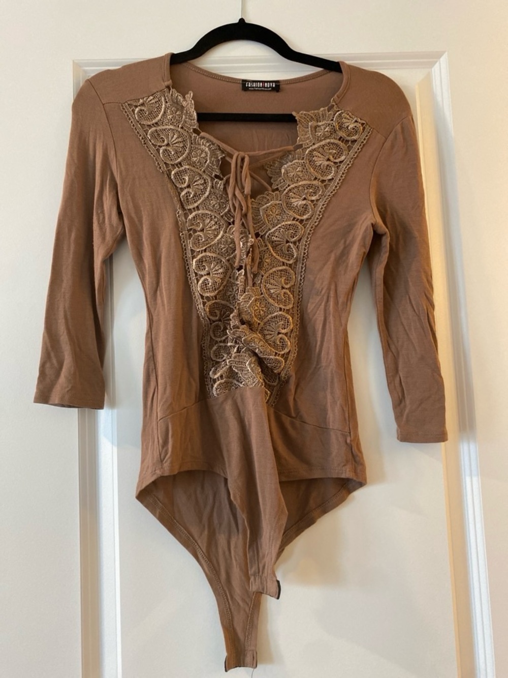 Fashion Nova Taupe Lace-Up Long Sleeve Bodysuit